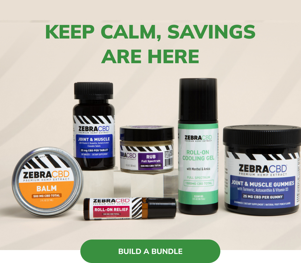 A variety of joint and muscle CBD products displayed, with the text 'Keep calm, savings are here" and "build your bundle" button