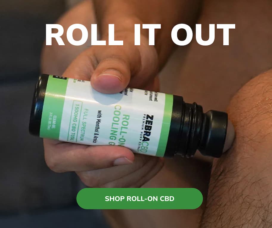 The phrase "roll it out" above a persons hand rubbing roll on cooling gel onto their knees