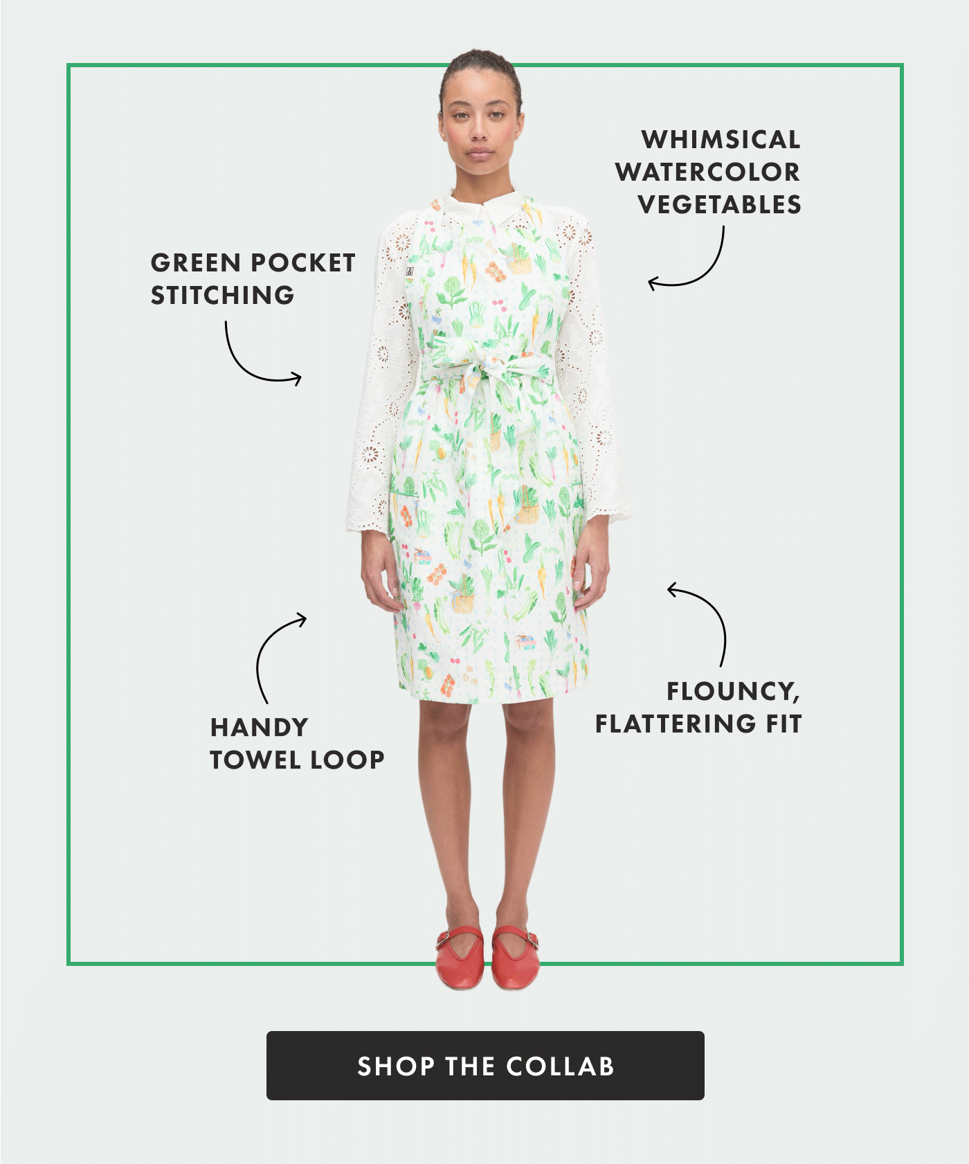 Green pocket stitching | Whimsical watercolor vegetables | Handy towel loop | Flouncy, flattering fit | SHOP THE COLLAB