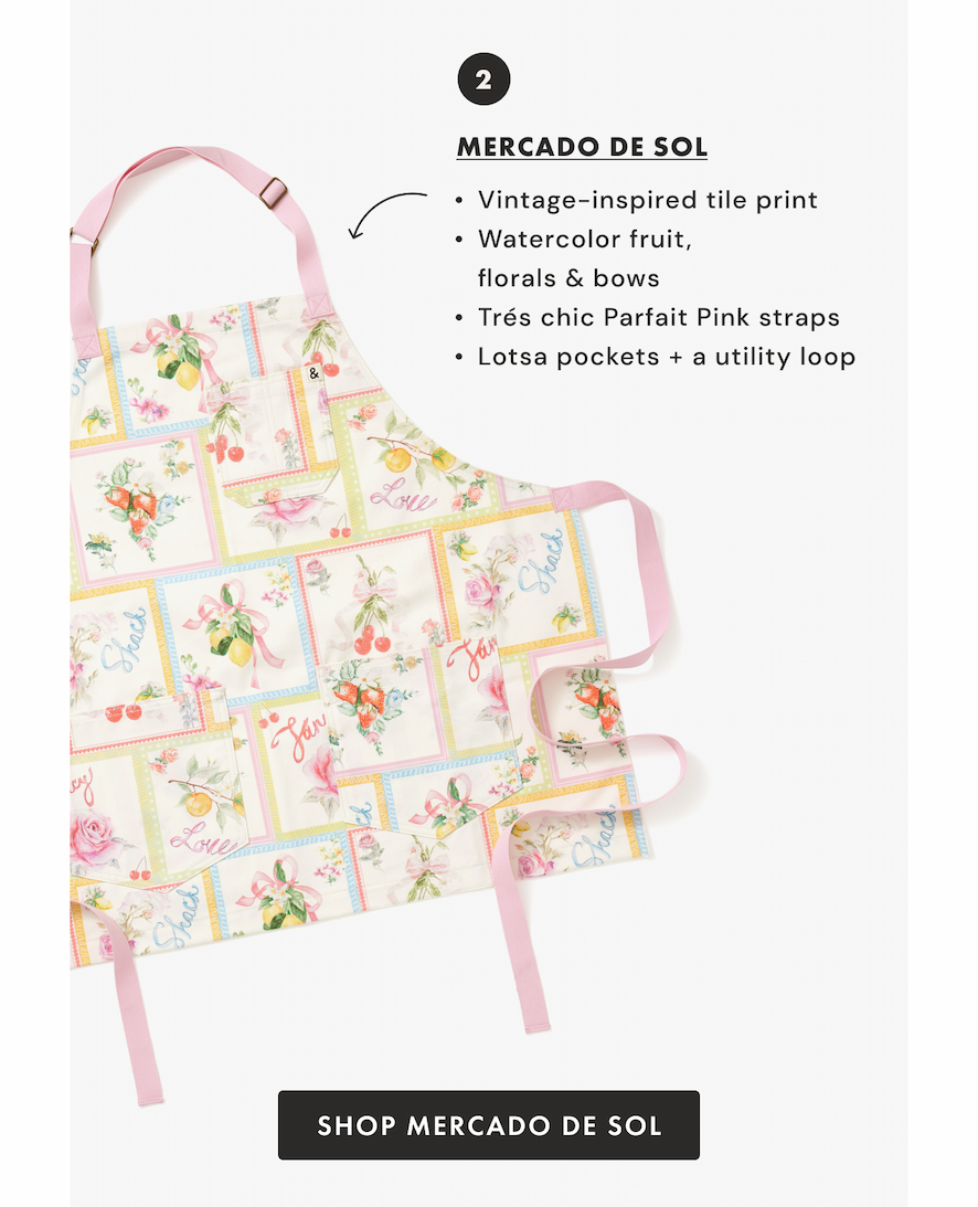 MERCADO DE SOL | Vintage-inspired tile print; Watercolor fruit, florals & bows; Trés chic Parfait Pink straps; Lotsa pockets + a utility loop | SHOP MERCADO DE SOL