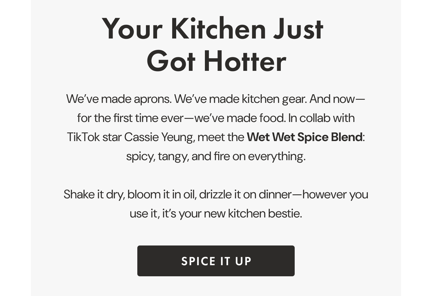 Your Kitchen Just  Got Hotter | We've made aprons. We've made kitchen gear. And now—for the first time ever—we've made food. In collab with TikTok star Cassie Yeung, meet the Wet Wet Spice Blend: spicy, tangy, and fire on everything.  Shake it dry, bloom it in oil, drizzle it on dinner—however you use it, it's your new kitchen bestie. | SPICE IT UP