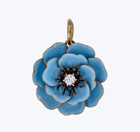 abcVintage 14KYG Blue Enamel 0.045 ct. Diamond Flower Pendant