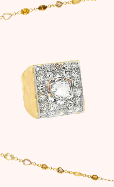 French Retro Diamond Cocktail Ring in Platinum on Gold