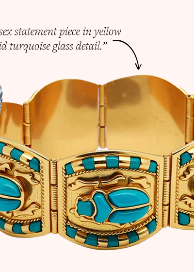 Egyptian Revival Glass and Gold Scarab Bracelet, circa 1970.