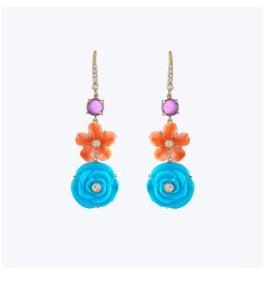Turquoise, Coral, Amethyst Diamond Flower Drop Earring