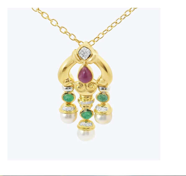 18KG Pearl, Ruby, Emerald, and Diamond Dangle Pendant