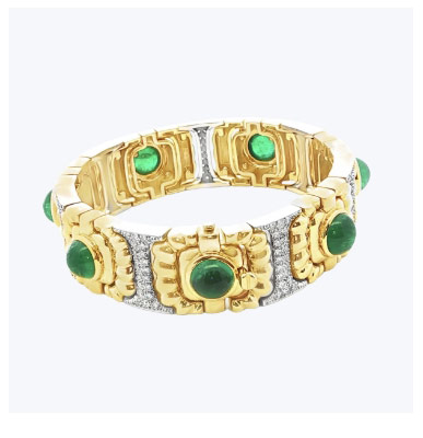 18K & Platinum Cabochon Emerald and Diamond Bracelet