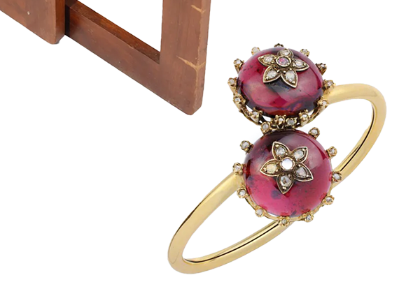 Victorian 1880 Garnet, Diamond and Opal Floral Bypass Bangle