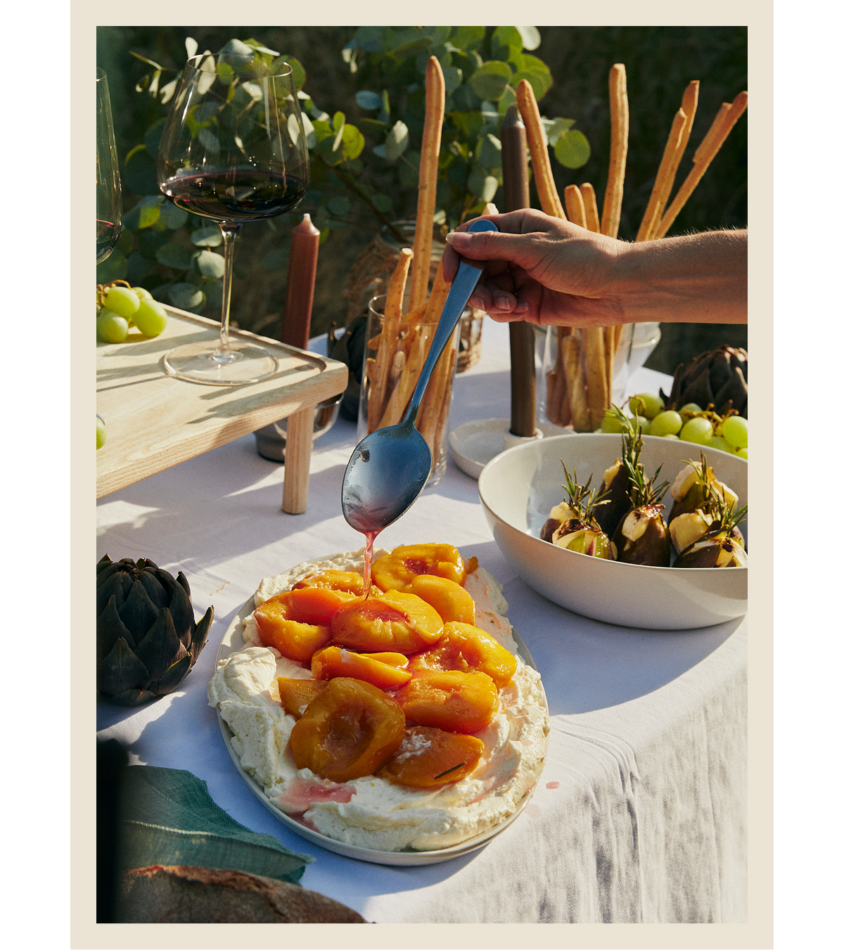 For dessert: rosé poached peaches with vanilla mascarpone and pistachios. Sweet, fragrant, and comes together beautifully with very little effort.