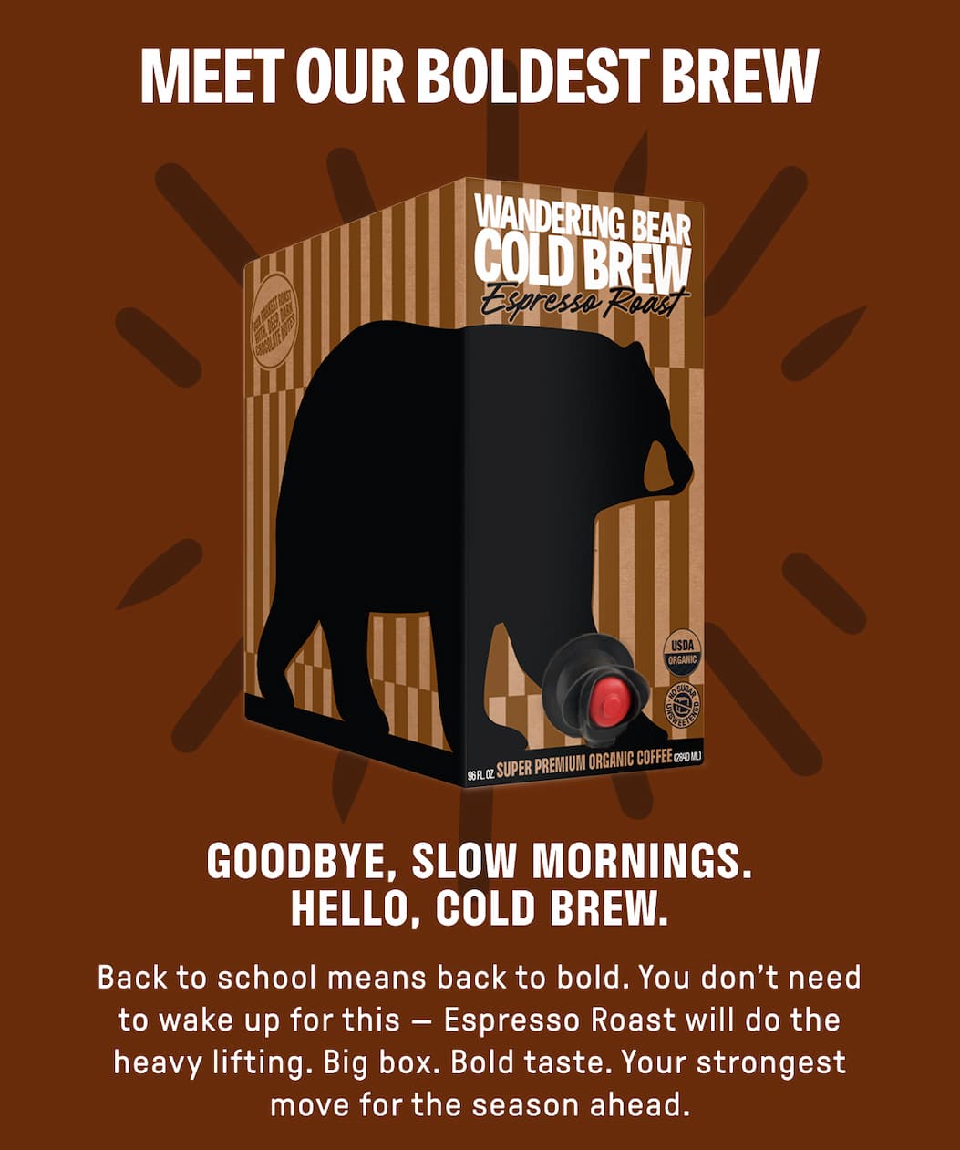 Meet our BOLDEST brew. Goodbye, slow mornings. Hello, cold brew.  Back to school means back to bold. You don't need to wake up for this - Espresso Roast will do the heavy lifting. Big box. Bold taste. Your strongest move for the season ahead.