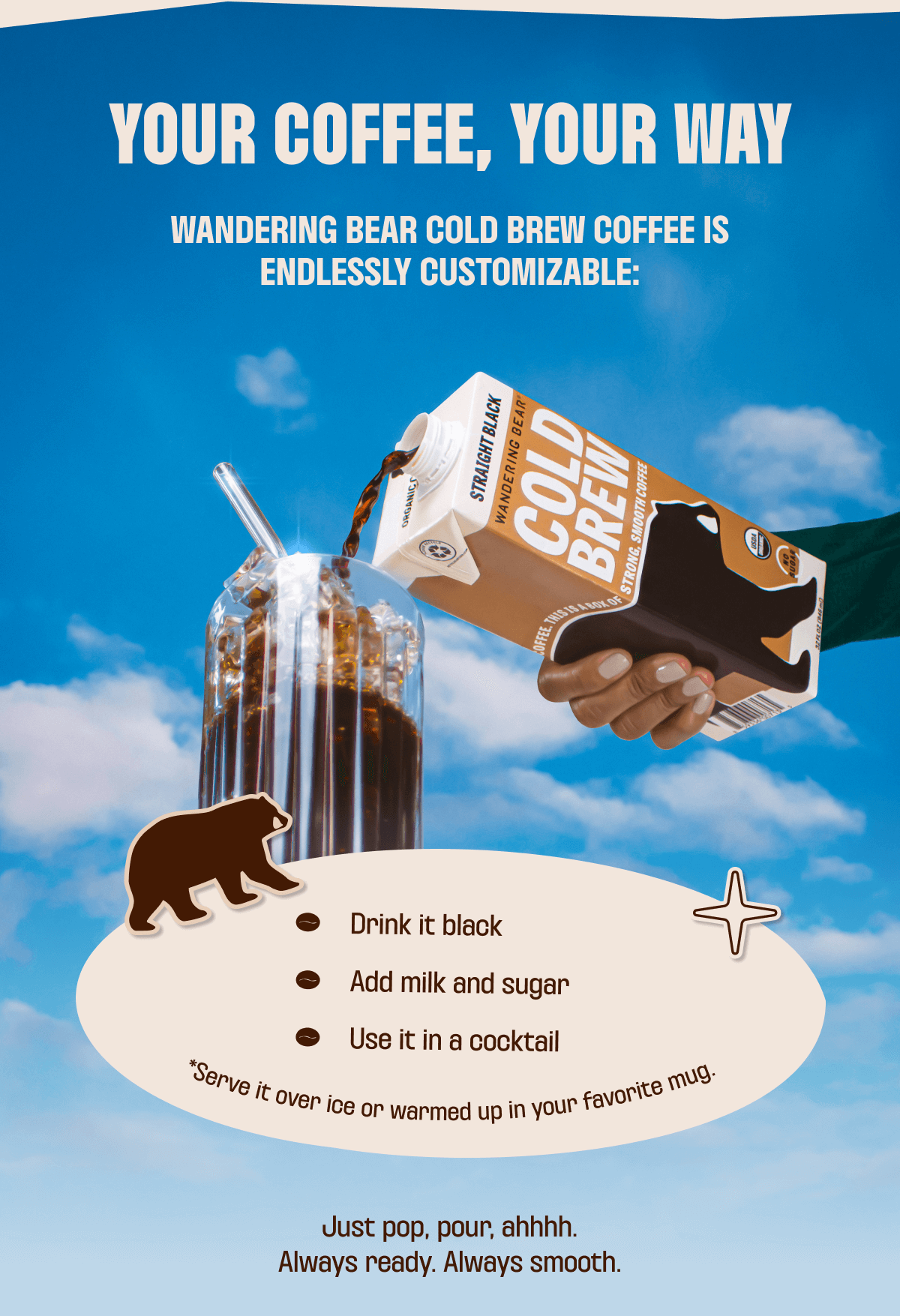 an image of a poster with a bear pouring coffee into a cup