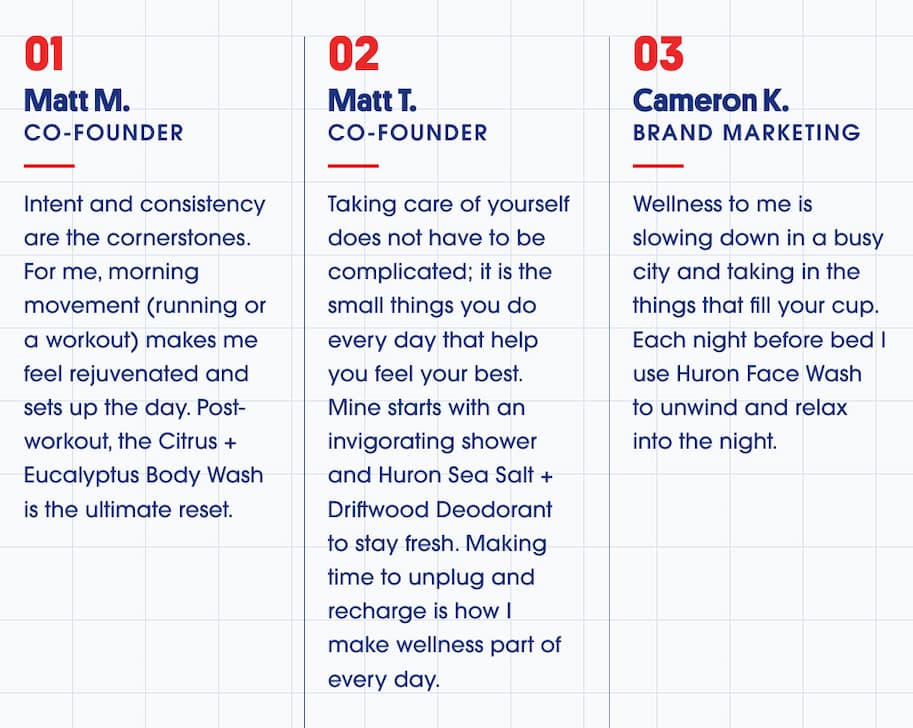 hree wellness quotes from Matt M. (Co-Founder), Matt T. (Co-Founder), and Cameron K. (Brand Marketing).
