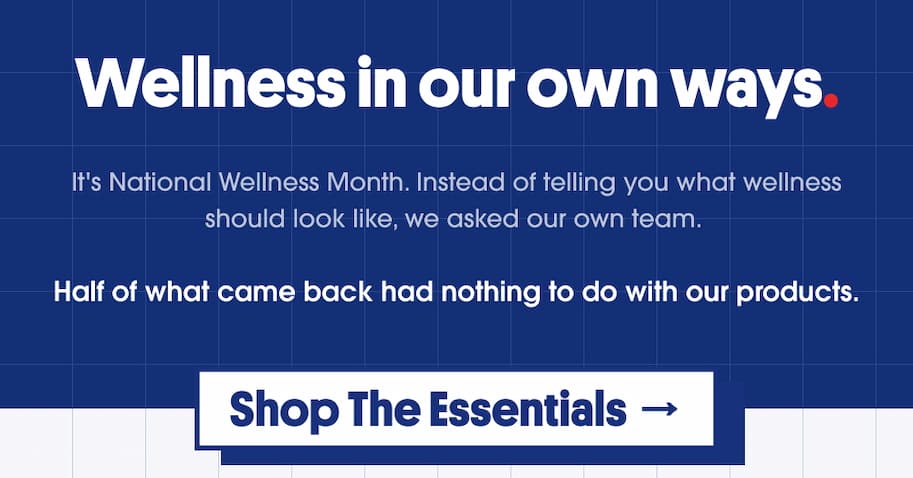 "Wellness in our own ways" headline on navy background with "Shop The Essentials" button.