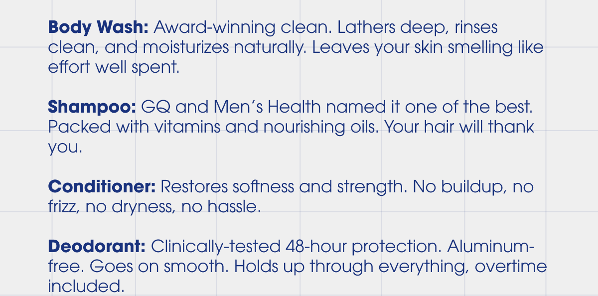 Bodywash, Shampoo, Conditioner, Deodorant