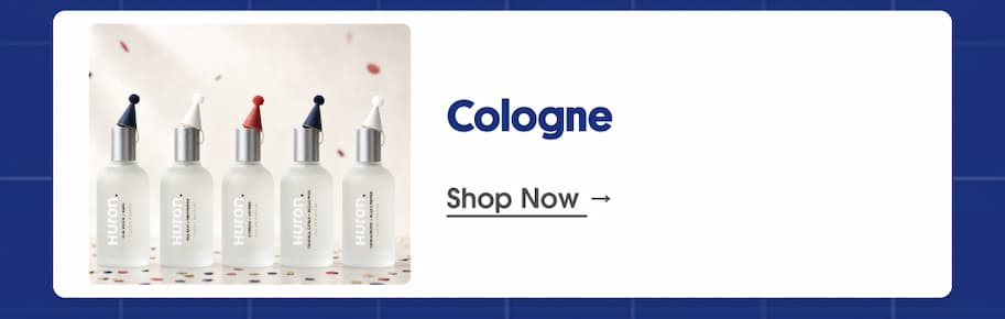 Five Huron cologne bottles wearing party hats on confetti background, next to the heading "Cologne" and a "Shop Now" link