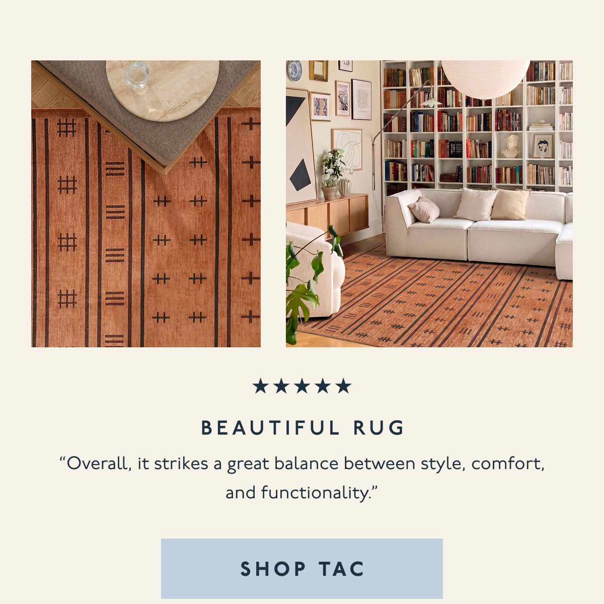 Beautiful rug | “Overall, it strikes a great balance between style, comfort, and functionality.” | [ SHOP TAC ]