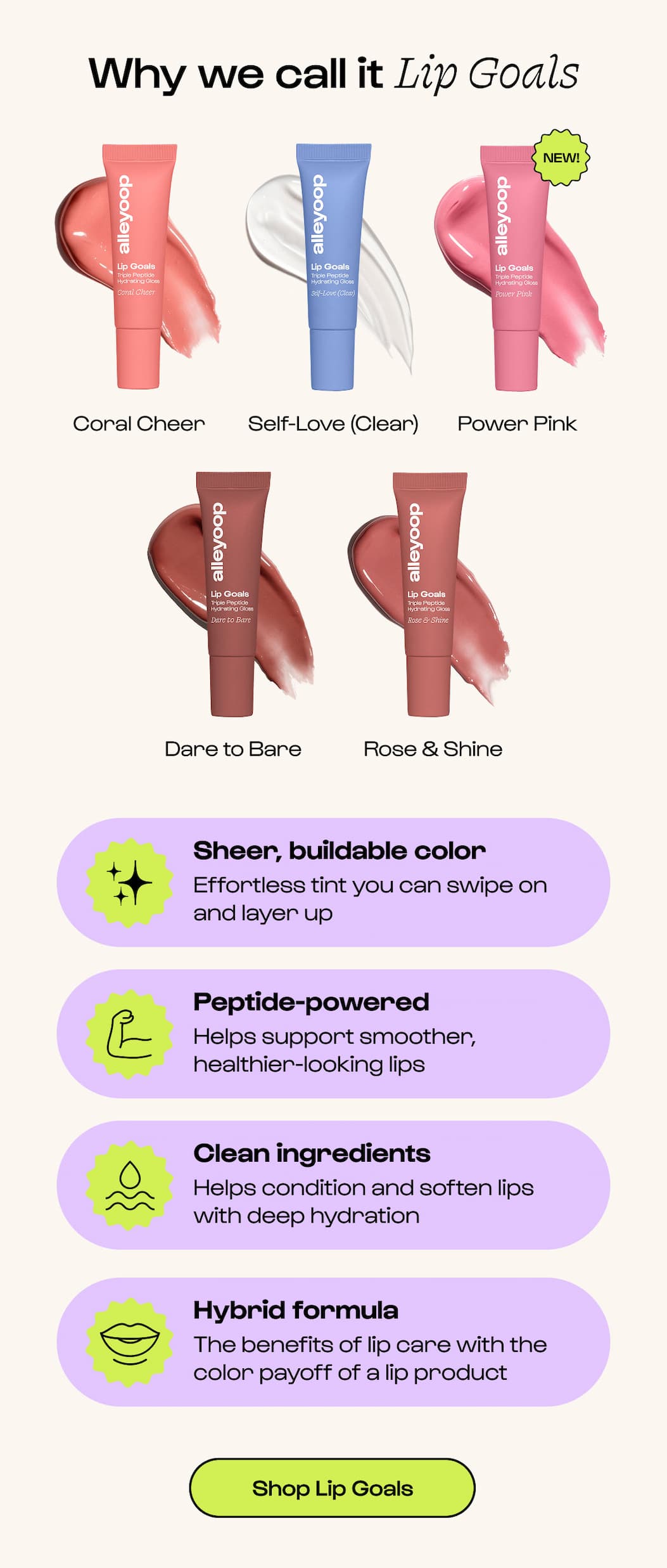 Why we call it Lip Goals. Sheer, buildable color - Peptide-powered - Clean ingredients -  Hybrid formula