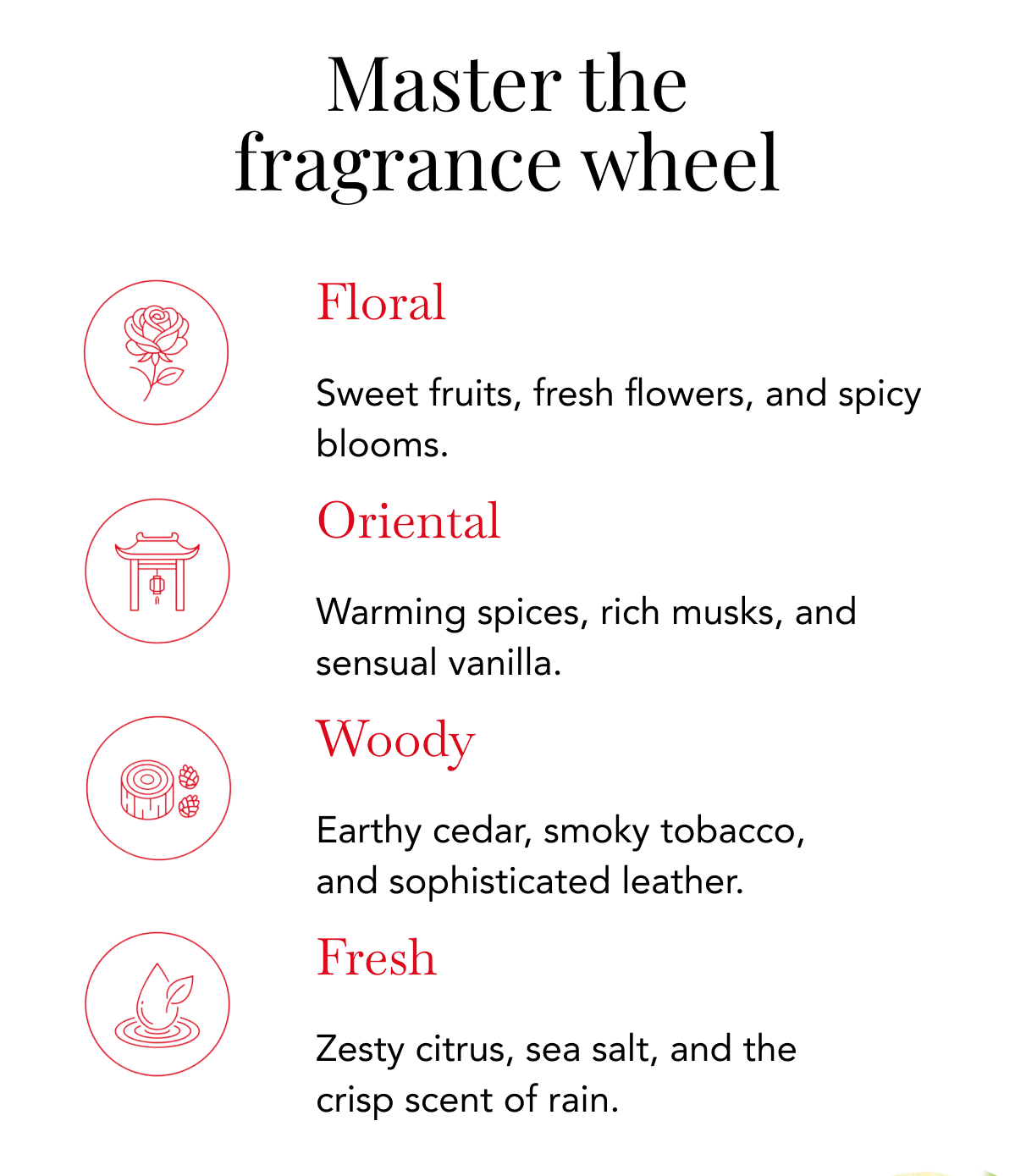 Master the fragrance wheel  Floral: Sweet fruits, fresh flowers, and spicy blooms. Oriental: Warming spices, rich musks, and sensual vanilla. Woody: Earthy cedar, smoky tobacco, and sophisticated leather. Fresh: Zesty citrus, sea salt, and the crisp scent of rain.