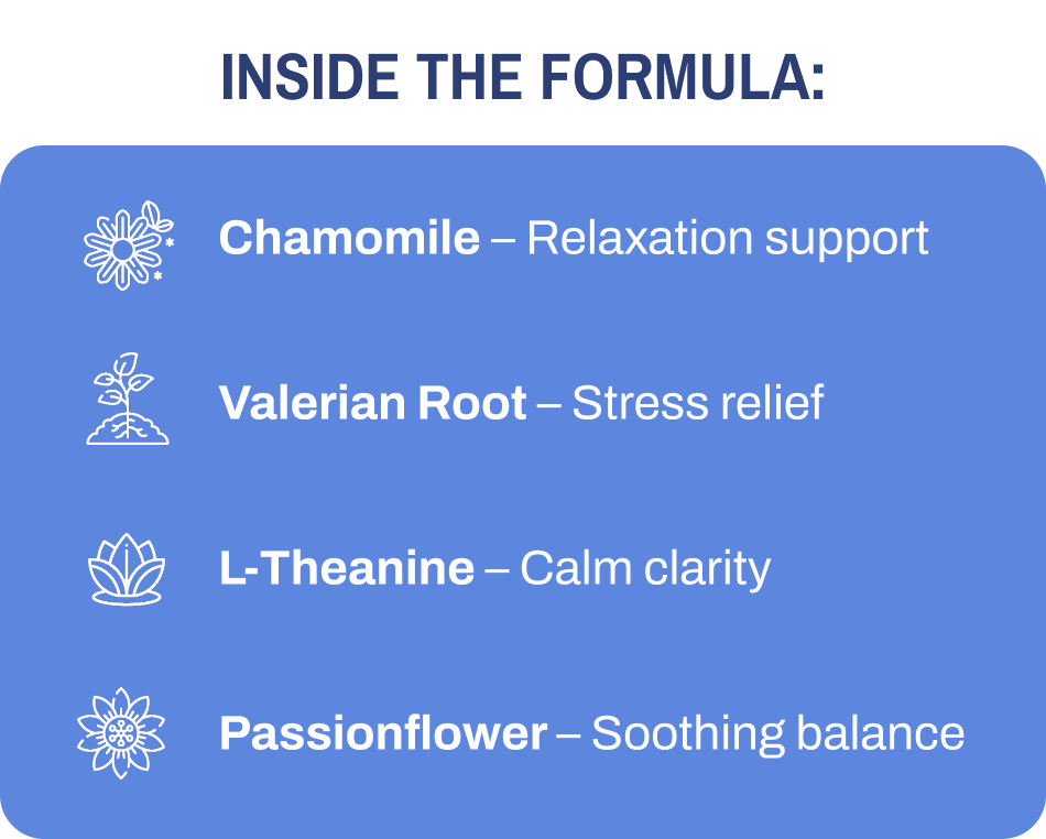 Chamomile – Relaxation support Valerian Root – Stress relief L-Theanine – Calm clarity Passionflower – Soothing balance
