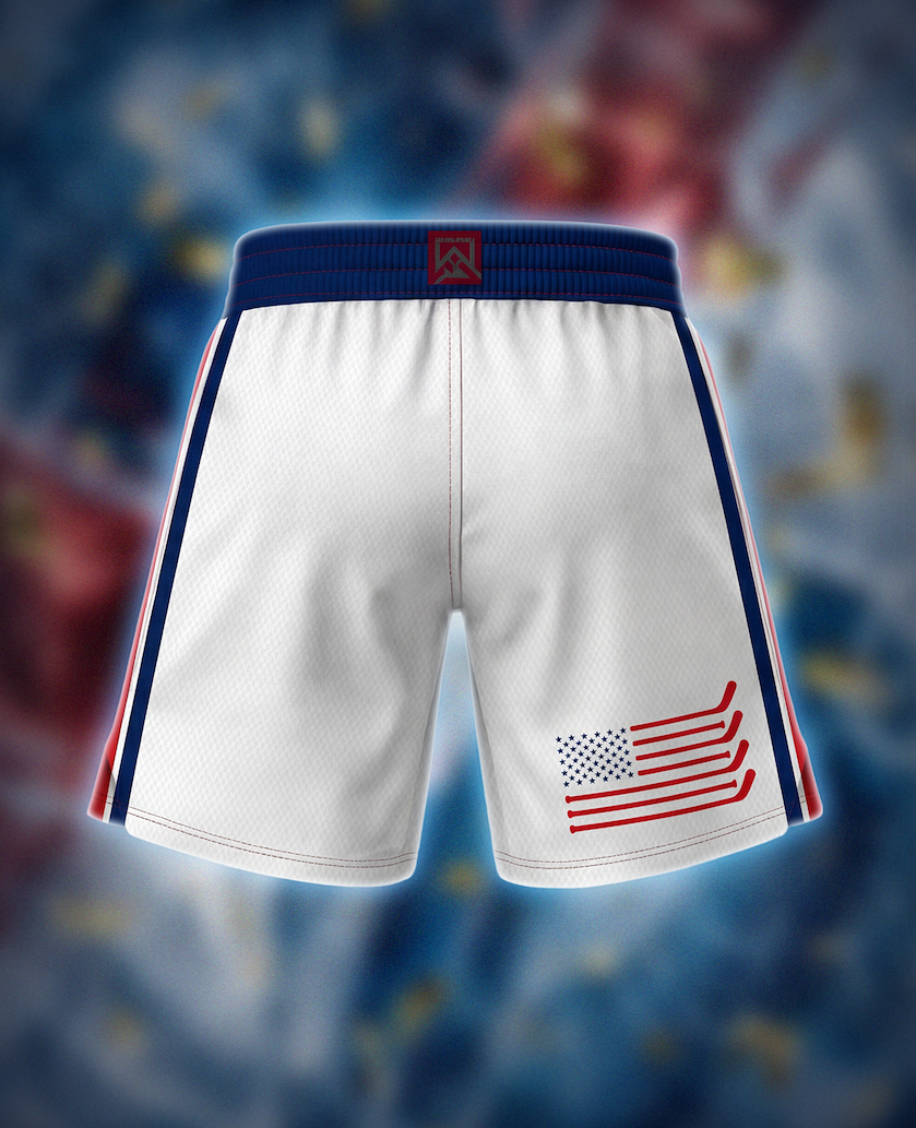 an image of a white shorts with a red and blue design