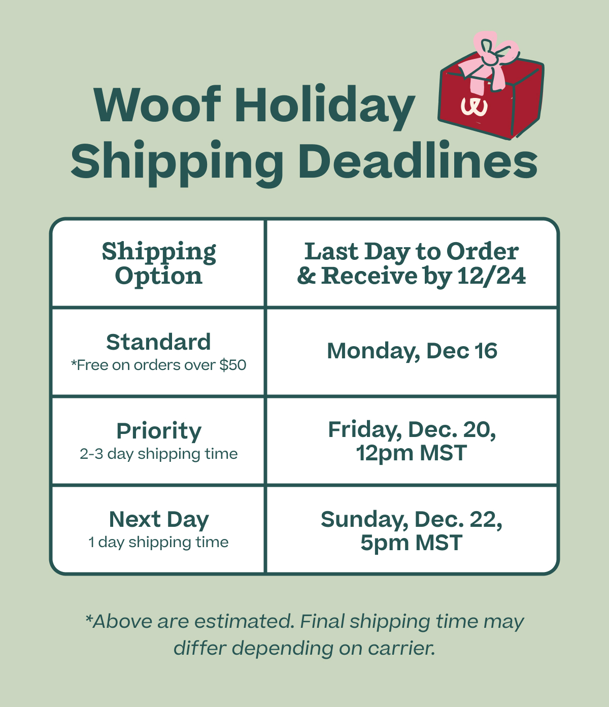 Woof | Holiday Shipping Deadlines
