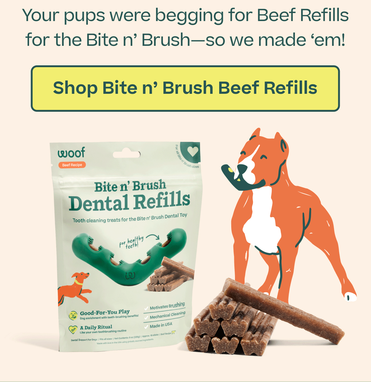Your pups were begging for Beef Refills for the Bite n' Brush—so we made 'em!  | Shop Bite n' Brush Beef Refills