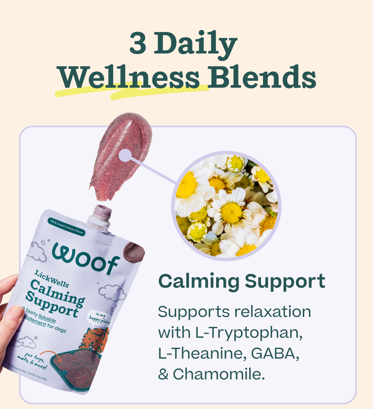 Calming Support: supports relaxation with L-Tryptophan, L-Theanine, GABA, and Chamomile | Shop Now