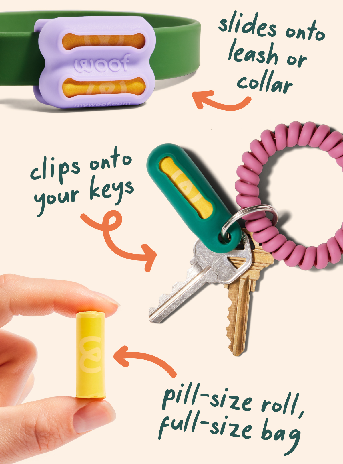 slides onto leash or collar. clips onto your keys. pill-size roll, full-size bag