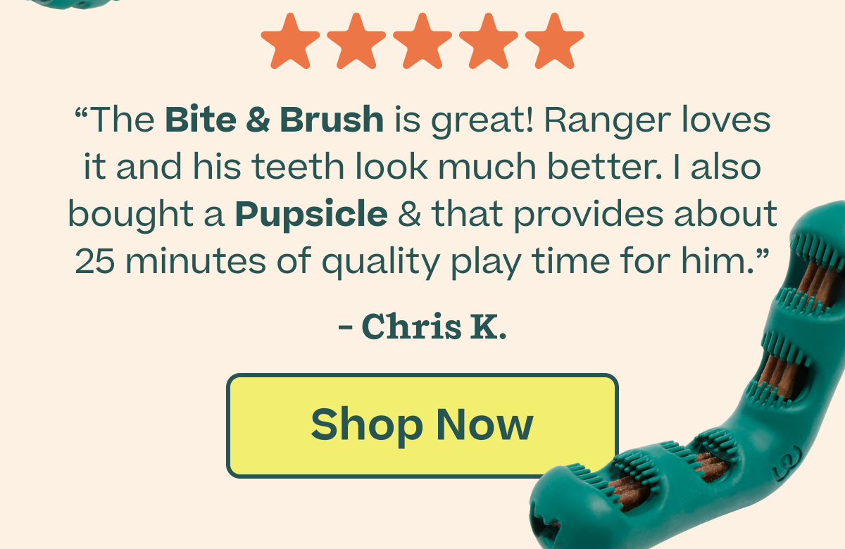 "The Bite n' Brush is great! Ranger loves it and his teeth look much better. I also bought a Pupsicle & that provides about 25 minutes of quality play time for him" Shop Now