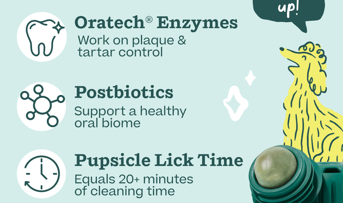 Oratech® Enzymes Work on plaque & tartar control. Postbiotics Support a healthy oral biome. Pupsicle Lick Time Equals 20+ minutes of cleaning time.