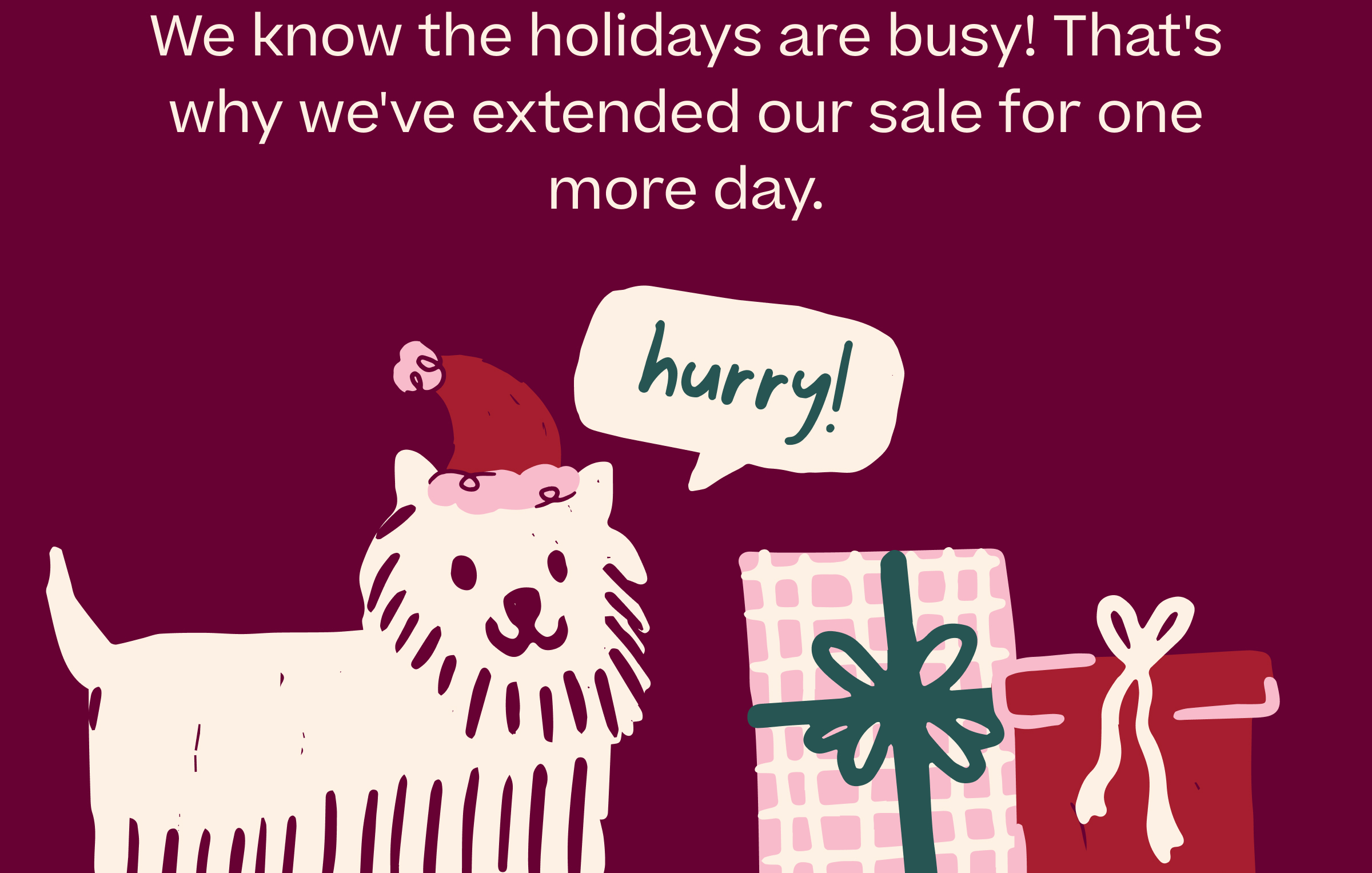 We know the holidays are busy! That's why we've extended our sale for one more day.  "hurry!"
