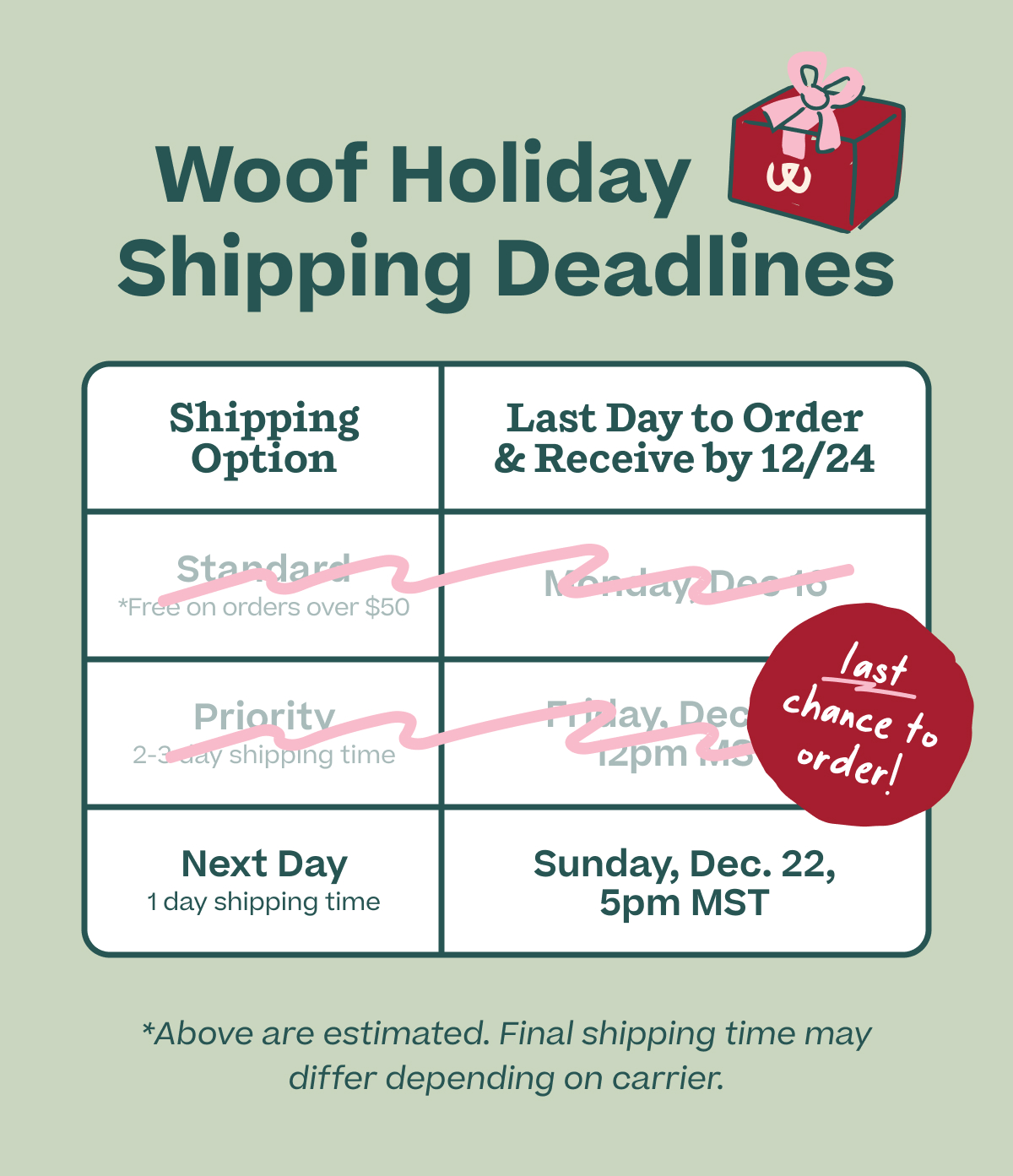 Woof Holiday Shipping Deadlines