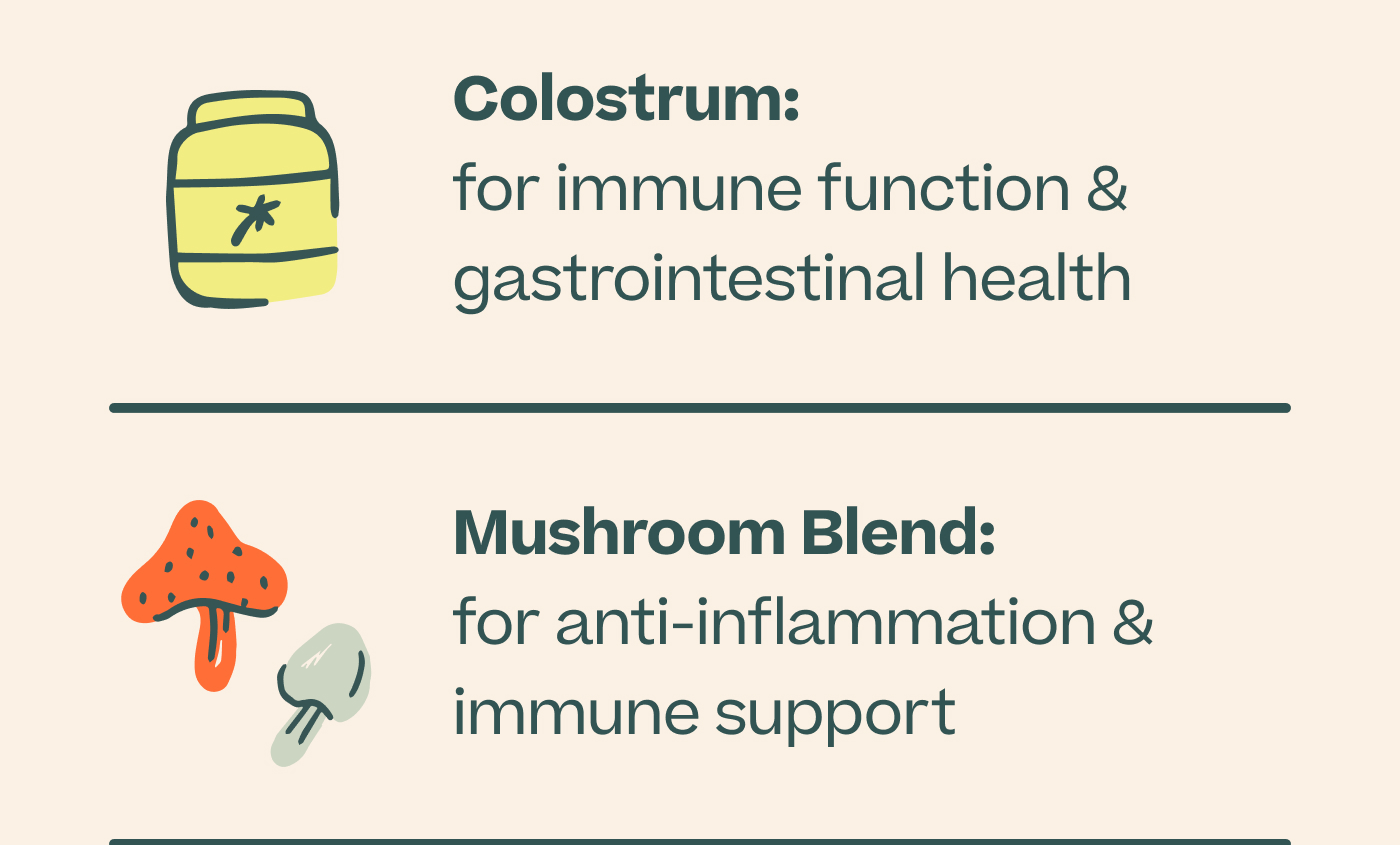 Colostrum: for immune function & gastrointestinal health  |  Mushroom Blend: for anti-inflammation & immune support