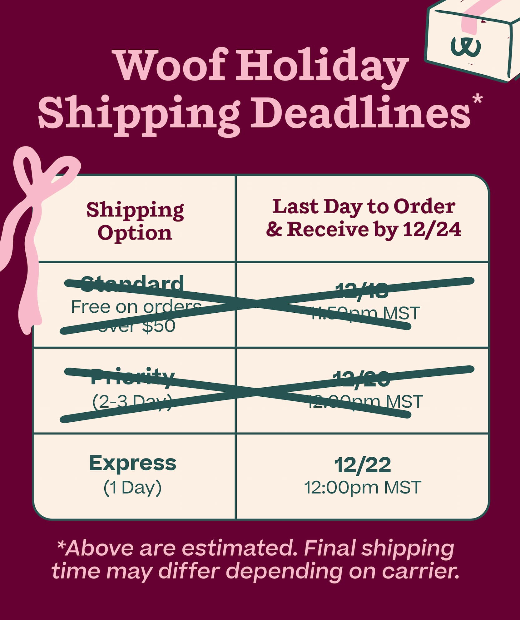Woof Holiday Shipping Deadlines | *Above are estimated. Final shipping time may differ depending on carrier.