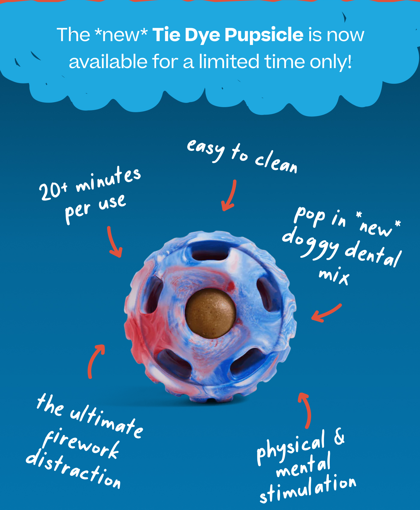 The *new* Tie Dye Pupsicle is red, white and blue & now available for a limited time only! 20+ minutes per use,  Easy to clean,  Physical & mental stimulation,  The ultimate firework distraction,  Pop in *New* Doggy Dental Mix