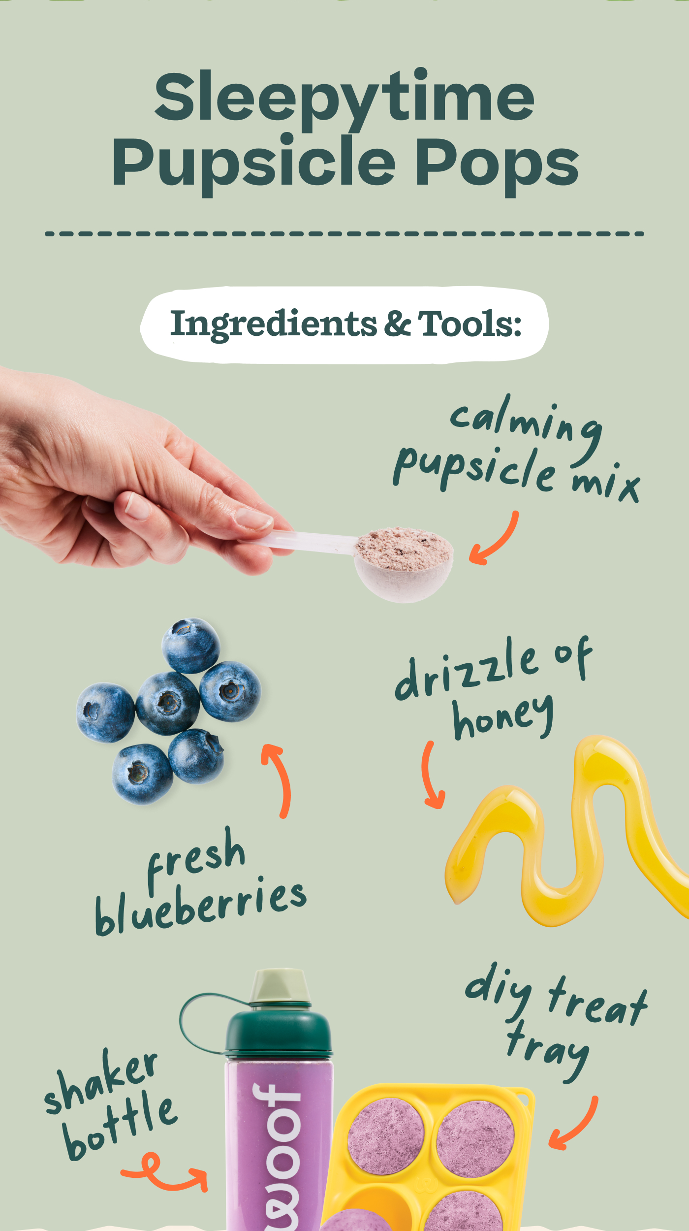 Sleepytime Pupsicle Pops | Ingredients & Tools: Calming Pupsicle Mix, fresh blueberries, Drizzle of honey, DIY Treat Tray, Shaker Bottle