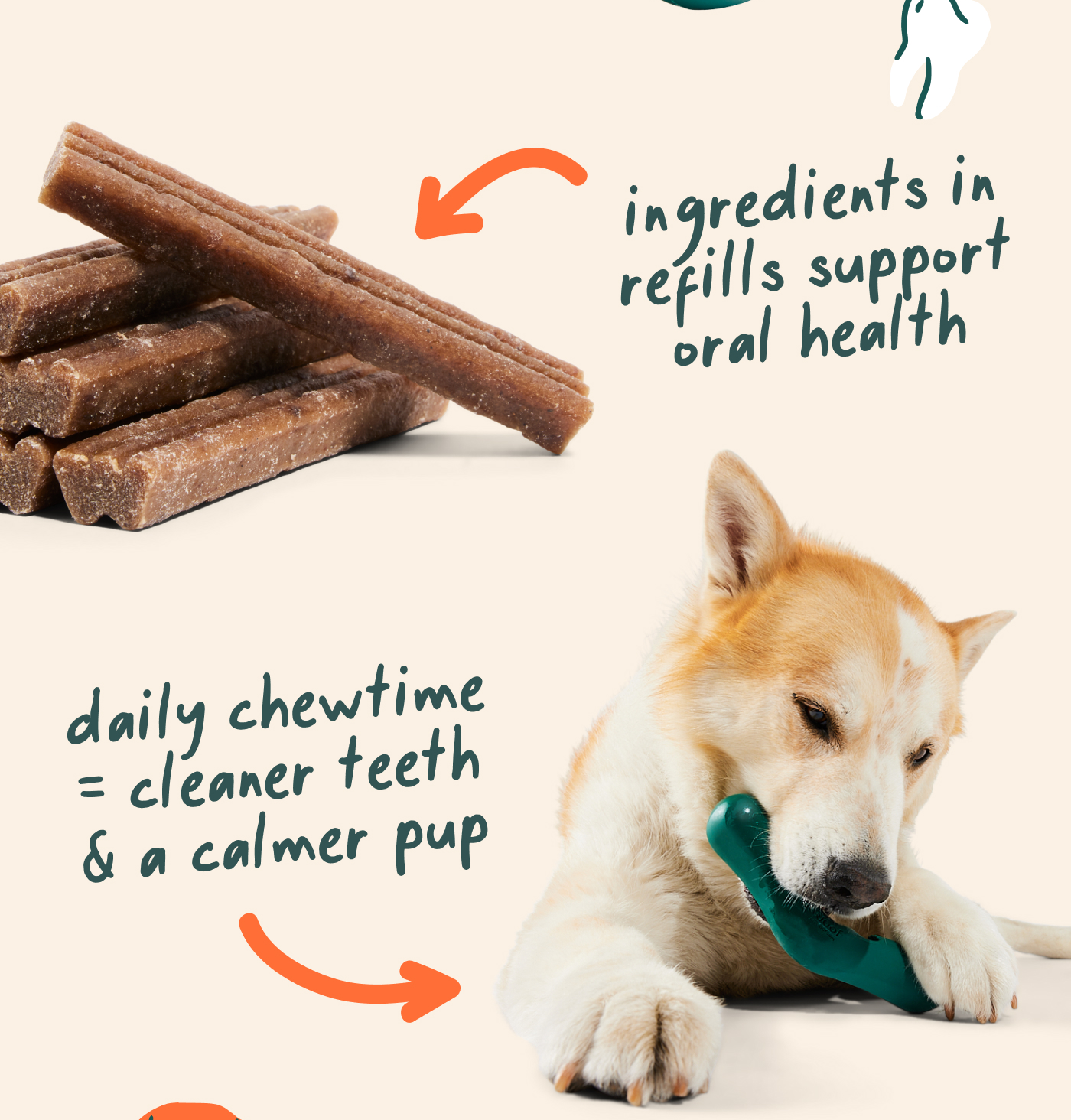 Ingredients in refills support oral health.  Daily chew time = cleaner teeth & a calmer pup