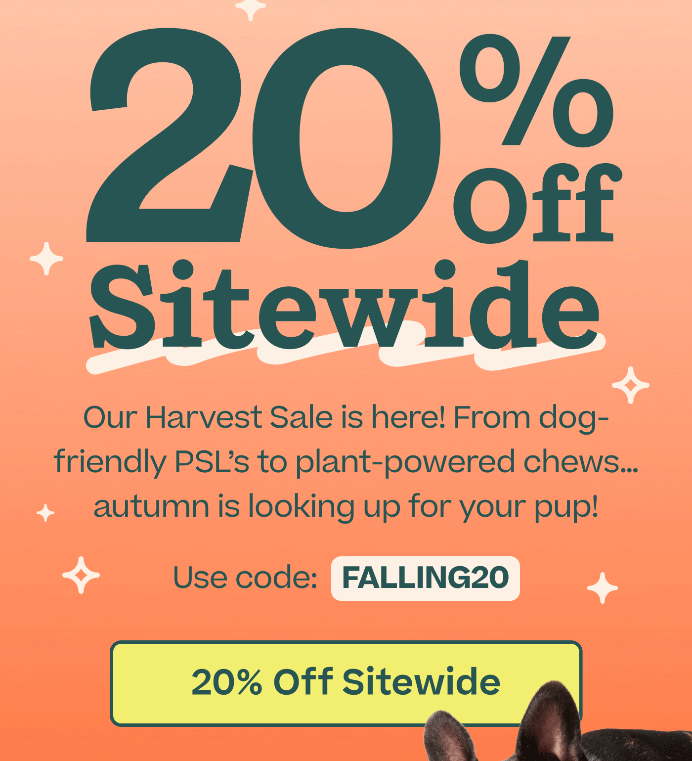 20% Off Sitewide! Our Harvest Sale is here! From dog-friendly PSL's to plant-powered chews… autumn is looking up for your pup!   Use code: FALLING20 |  20% Off Sitewide