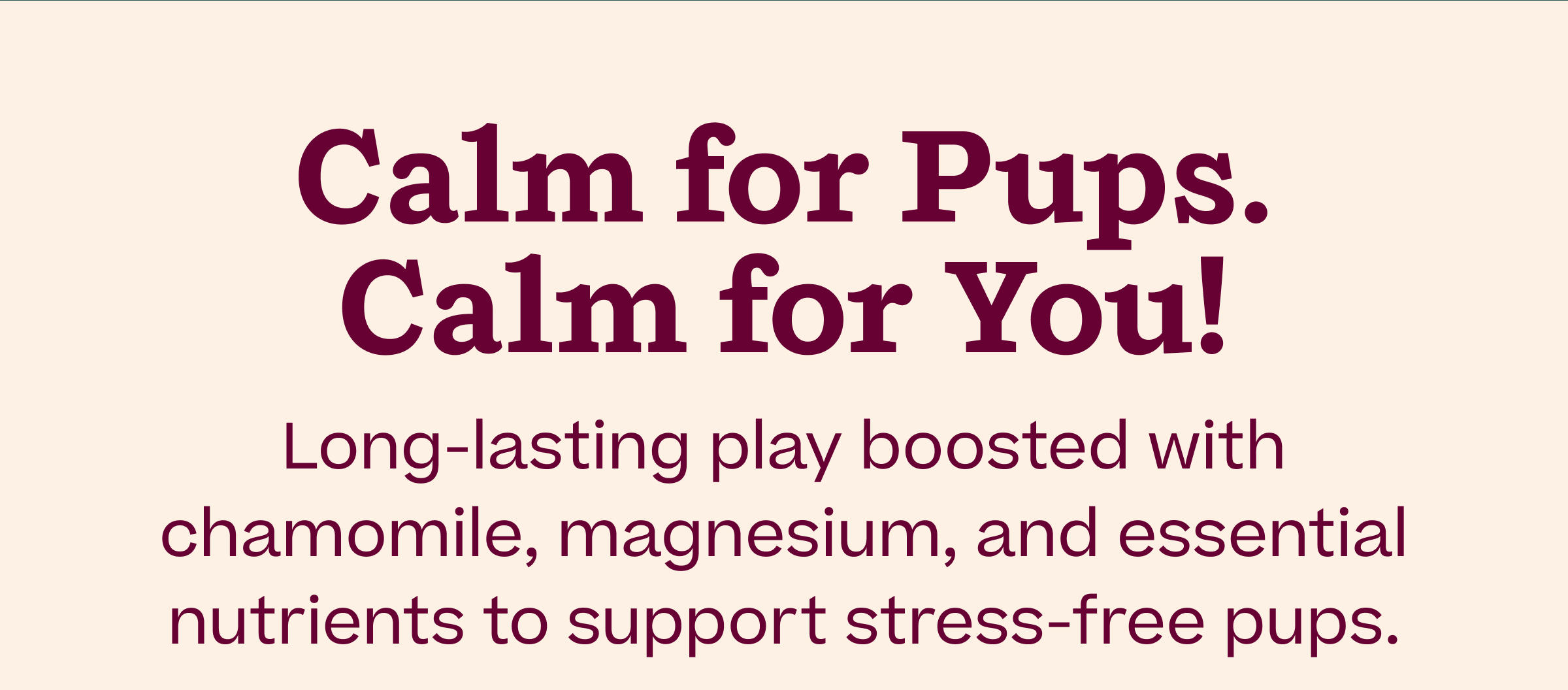 Calm for Pups. Calm for You!  Long-lasting play boosted with chamomile, magnesium, and essential nutrients to support stress-free pups.