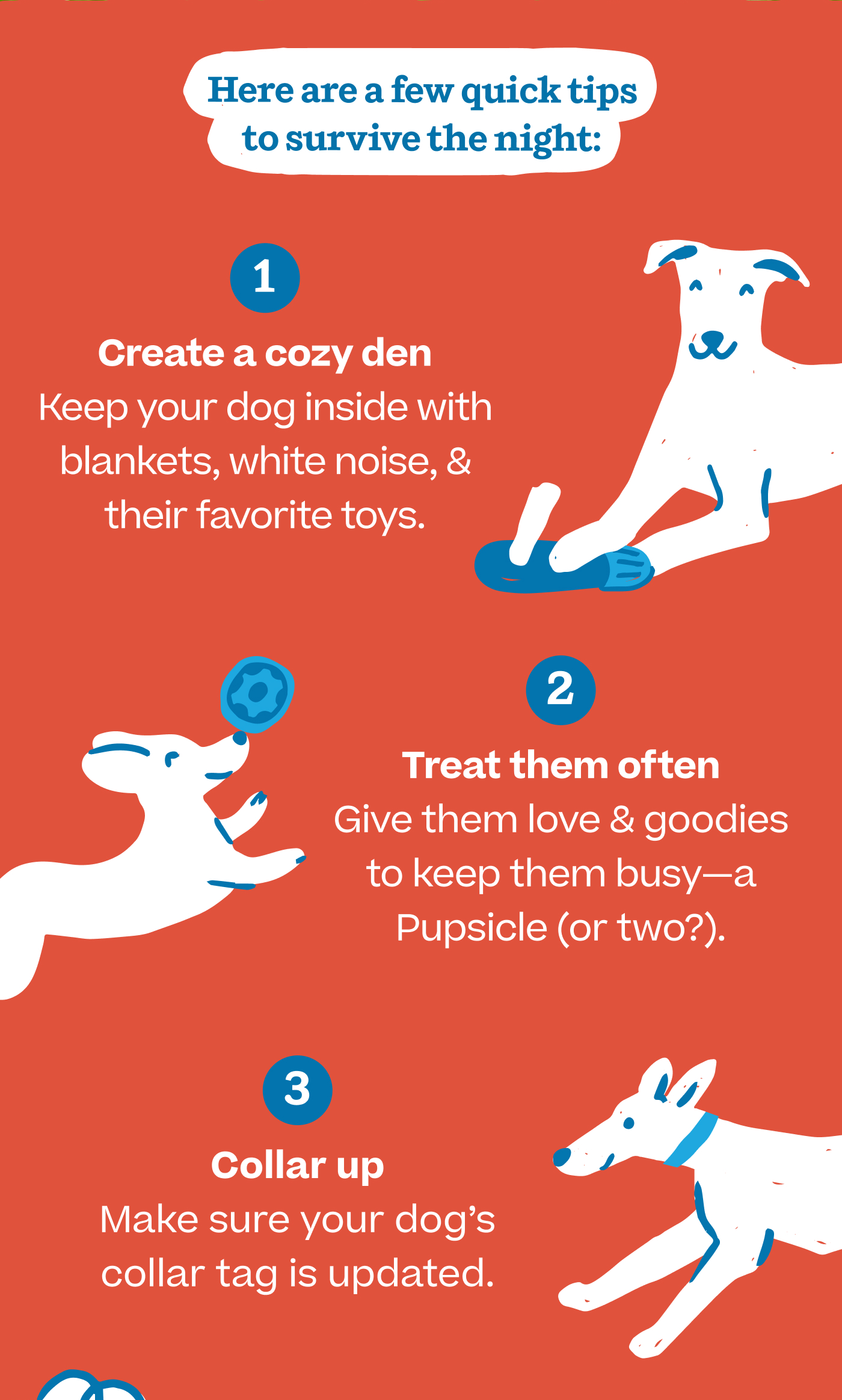 Here are a few quick tips to survive the night:  1. Create a cozy den: Keep your dog inside. Blankets, white noise, & their favorite toys 2. Treat them often: Give them love & goodies to keep them busy—a Pupsicle (or two?)  3. Collar up: Make sure your dog's collar tag is updated