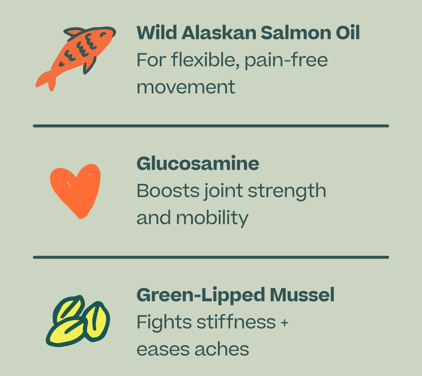 1. Wild Alaskan Salmon Oil: For flexible, pain-free movement. 2. Glucosamine: Boosts joint strength and mobility. 3. Green-Lipped Mussel: Fights stiffness + eases aches.