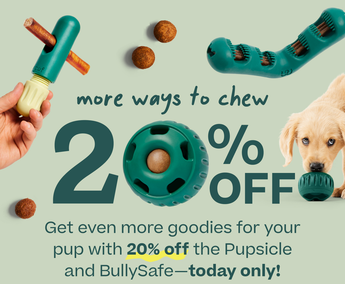 more ways to chew  20% OFF  Get even more goodies for your pup with 20% off the Pupsicle and BullySafe-today only!