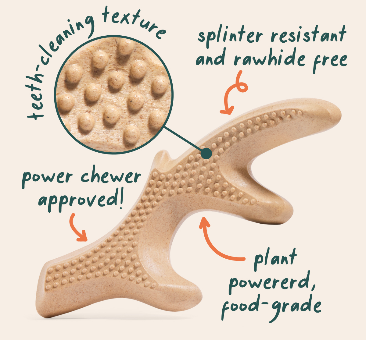 teeth-cleaning texture. splinter resistant and rawhide free.  power chewer approved! plant powererd, food-grade.