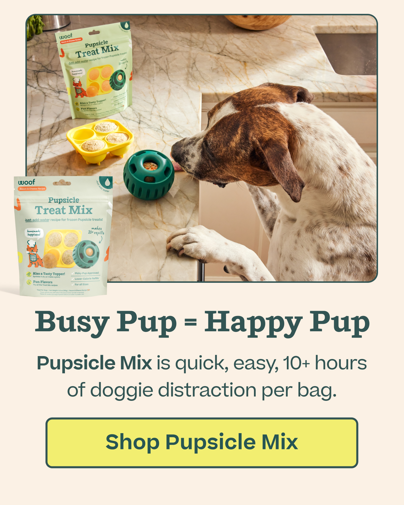 Busy Pup = Happy Pup  Pupsicle mix is quick, easy, 10+ hours of doggie distraction per bag.  |  Shop Pupsicle Mix