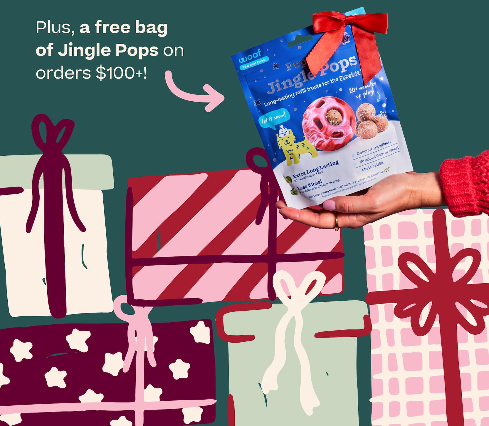 Plus, a free bag  of Jingle Pops on orders $100+!