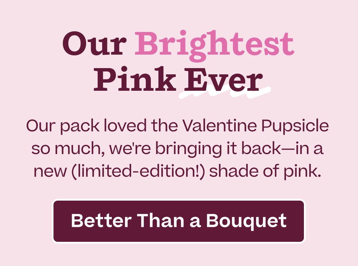 Our Brightest Pink Ever Our pack loved the Valentine Pupsicle so much, we're bringing it back-in a new (limited-edition!) shade of pink. |  