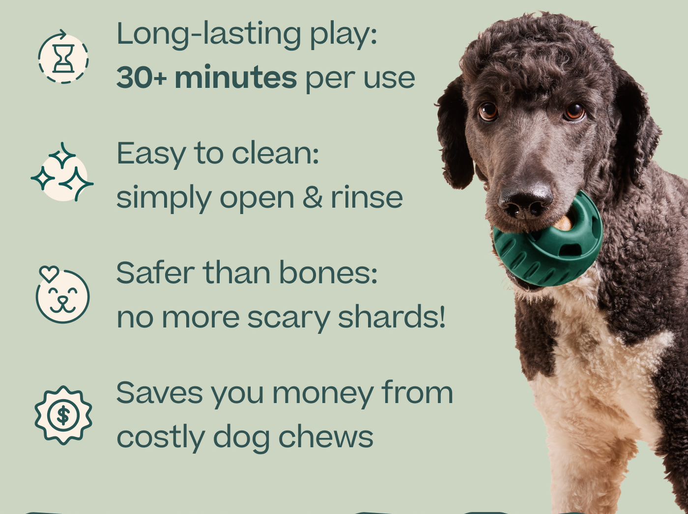 Long-lasting play: 30+ minutes per use. Easy to clean: quick open & rinse. Safer than bones: no more scary shards! Saves you money from costly dog chews