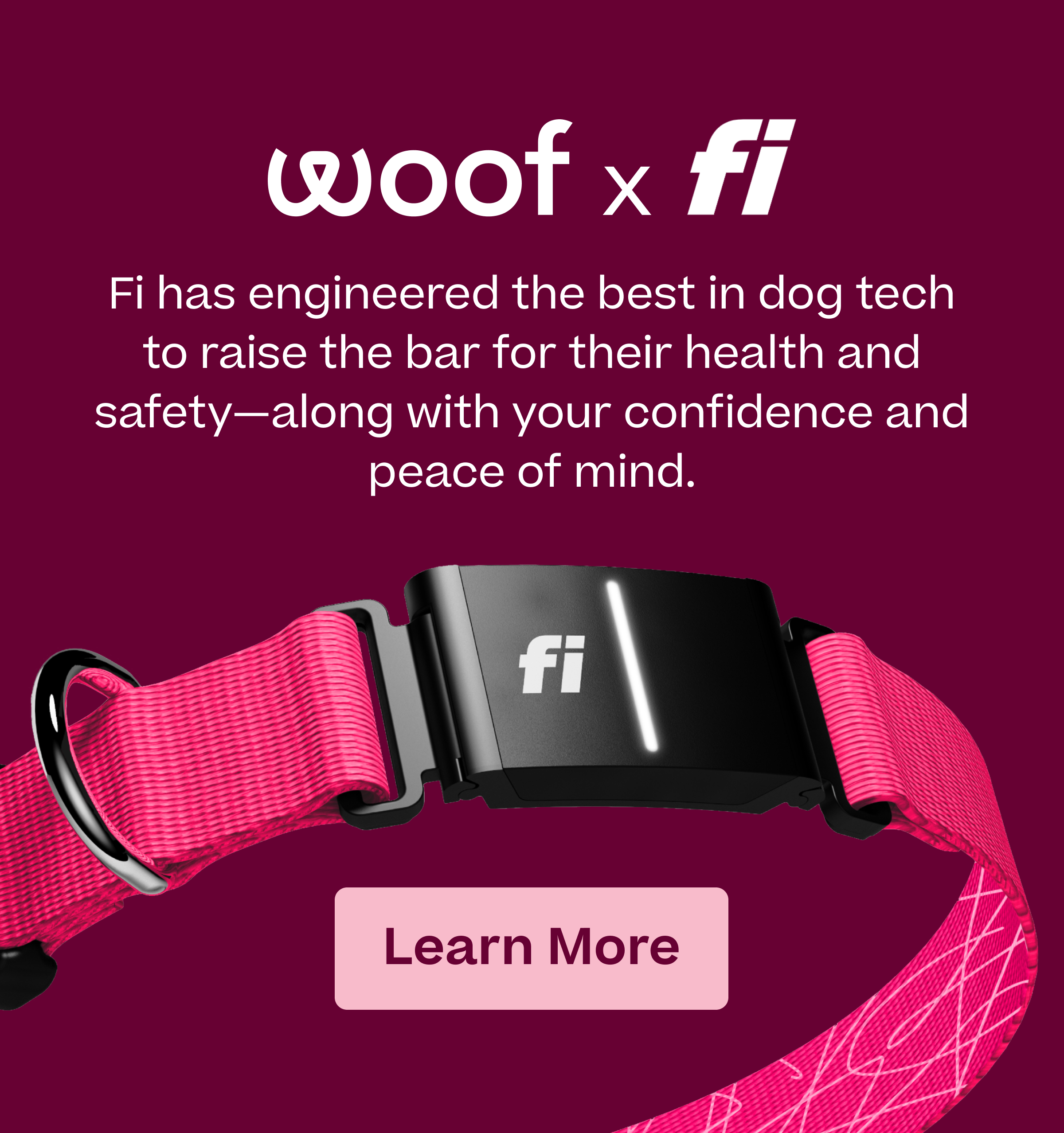 woof x fi  |  Fi has engineered the best in dog tech to raise the bar for their health and safety-along with your confidence and peace of mind.  |  Learn More
