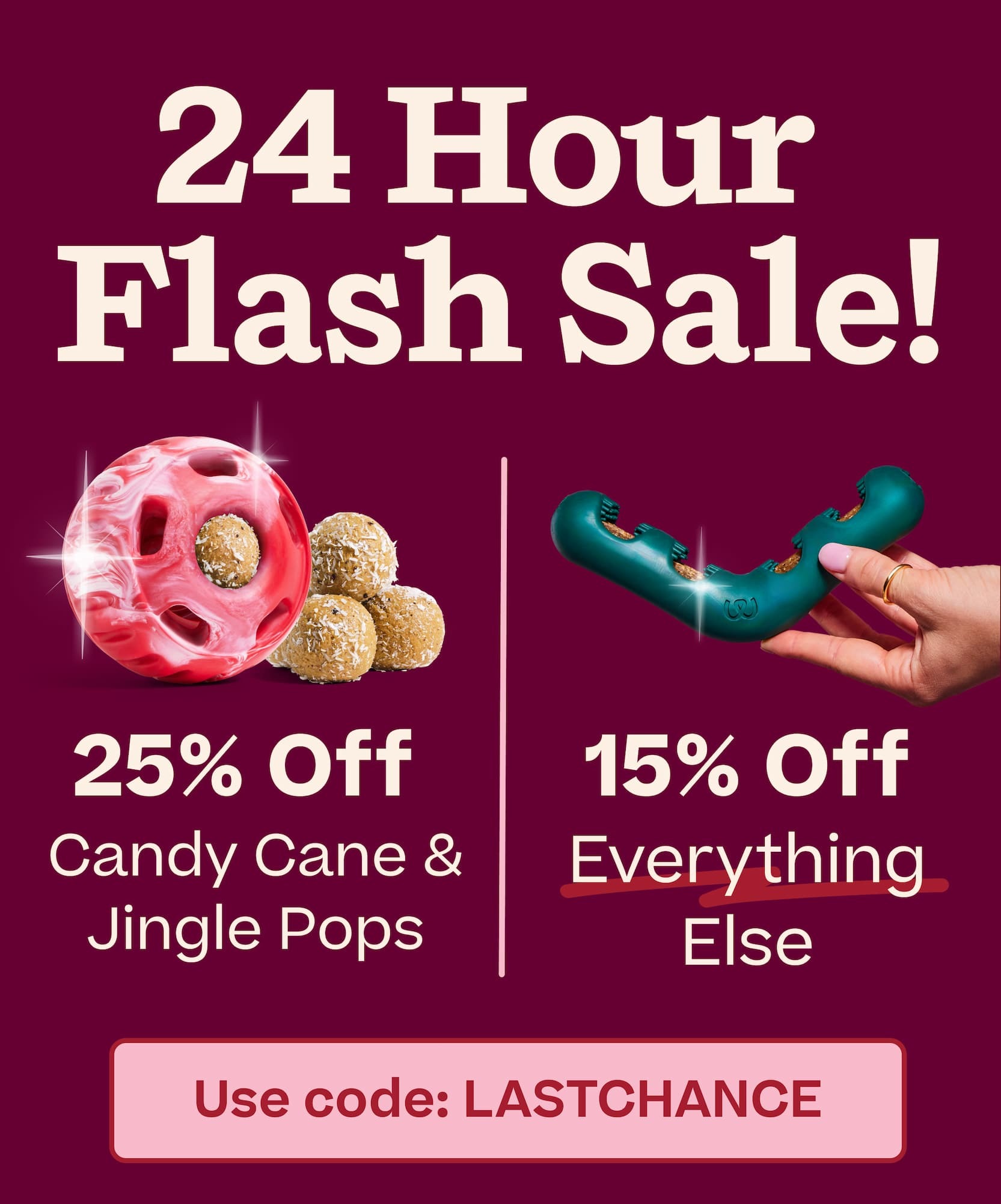 24 Hour Flash Sale! 25% Off Candy Cane & Jingle Pops. 15% Off Everything Else. Use code: LASTCHANCE