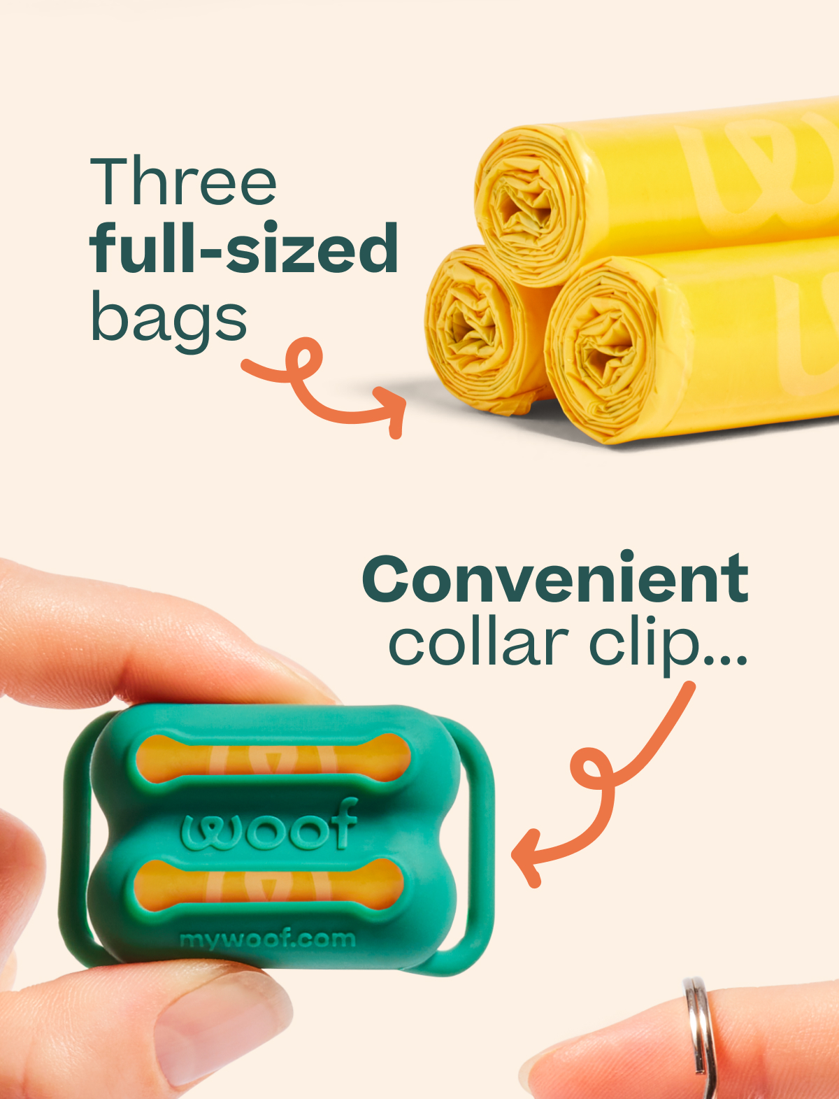 Three full-sized bags. Convenient collar clip...